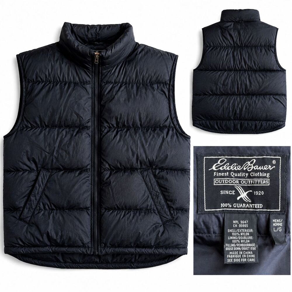 VTG Eddie Bauer Men’s Large Black Goose Down Thick Quilted Zip Puffer Vest